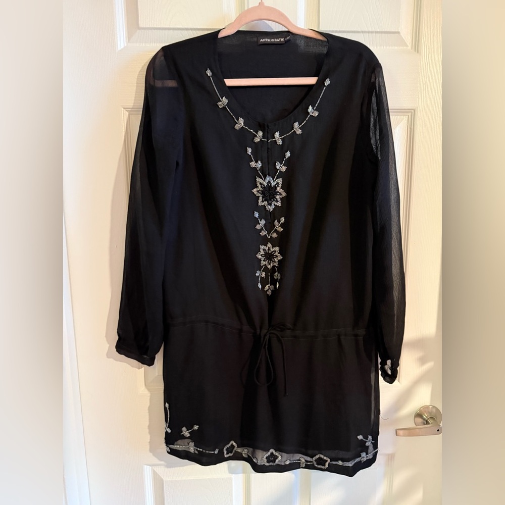 ANTIK BATIK Xamy Djaba Black Beaded Dress Cover Up Drawstring Waist Sz Large